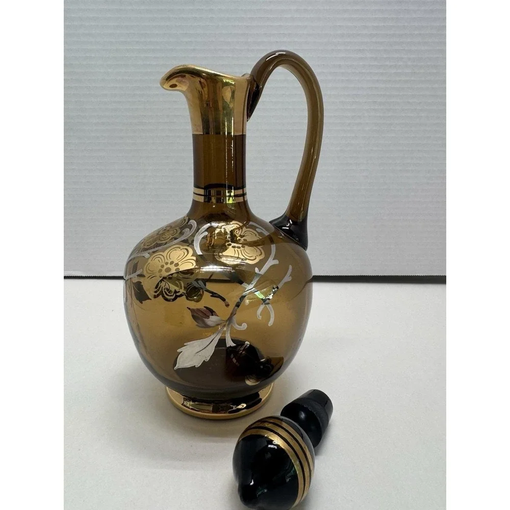 VTG Bohemian Amber Glass Decanter Set Gold Gilt Enamel Flowers 4 Pc Czech NICE